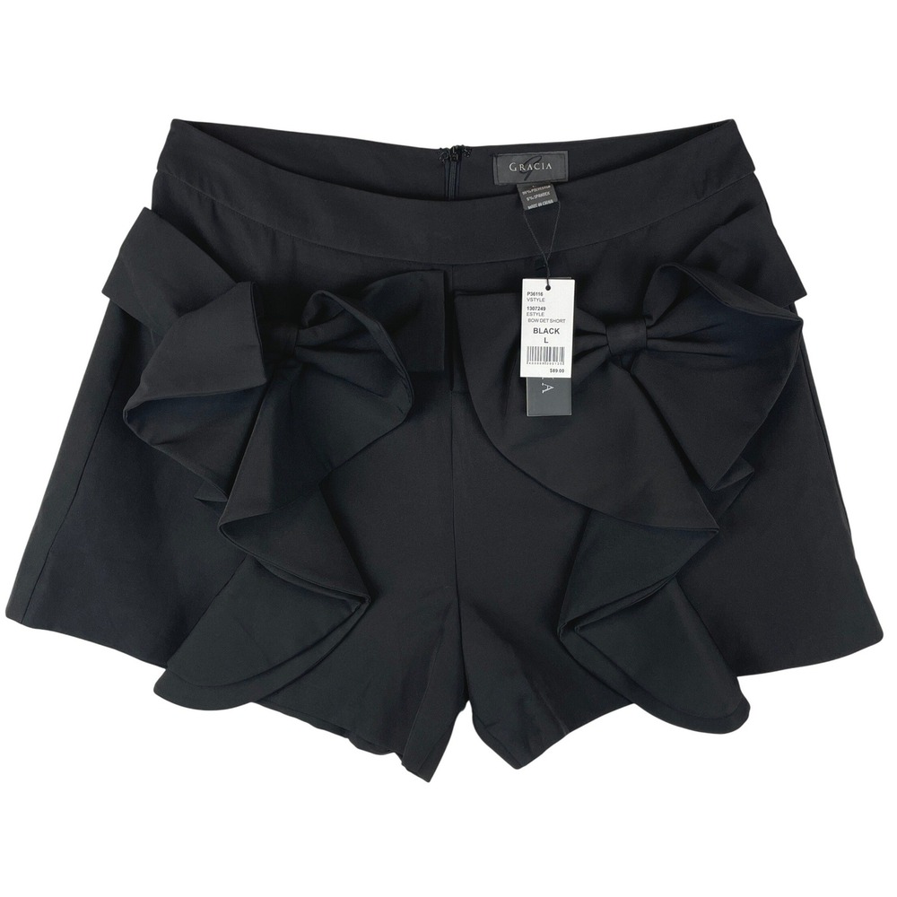 Gracia Bow Detail Shorts Black Oversized Sculptural Ruffle P36116 Large NWT